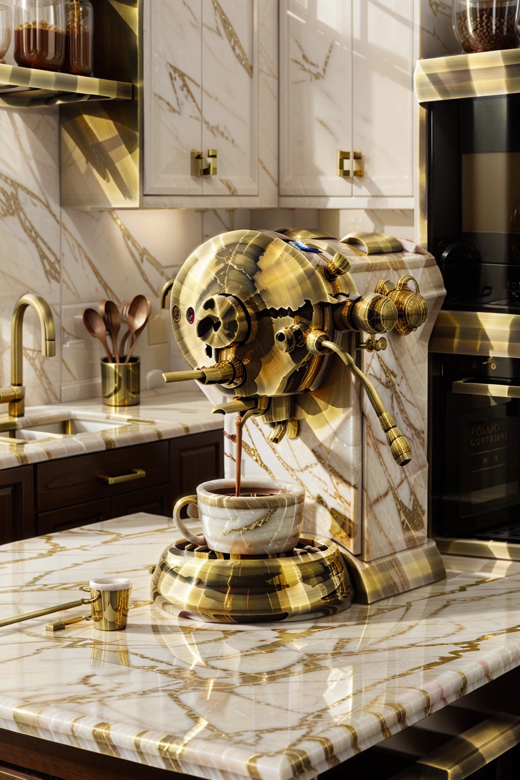 <lora:MarbleBrassWorld:1> MarbleBrassWorld  coffee machine in the kitchen