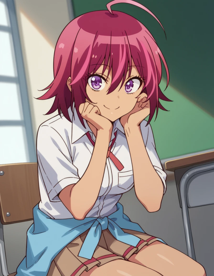score_9, score_8_up, score_7_up, source_anime, <lora:uruka-takemoto-s2-ponyxl-lora-nochekaiser:1>, uruka takemoto, medium hair, purple eyes, pink hair, ahoge, red hair, medium breasts,, skirt, shirt, school uniform, white shirt, clothes around waist, brown skirt, pleated skirt,, indoors, smile, looking at viewer, solo, sitting, head rest,, cowboy shot, dutch angle