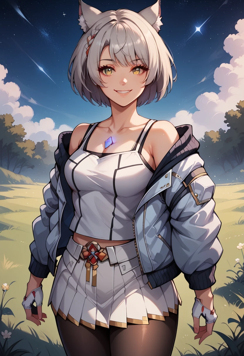 score_9, score_8_up, score_7_up, score_6_up, source_anime, BREAK, <lora:MioXenoblade3:1>, MioXC3, grey hair, short hair, cat ears, white tanktop, chest jewel, open jacket, off shoulder, frilled skirt, pantyhose, fingerless gloves, grass, sky, smile, looking at viewer, looking up, from side, night, stars, cowboy shot,