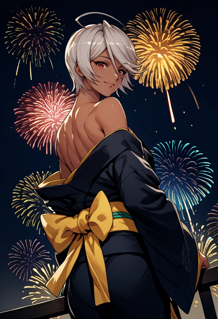 score_9, score_8_up, score_7_up, source_anime, from behind, solo, 1girl, yamamoto akira, dark skin, smile, looking back, white hair, ahoge, japanese clothes, black kimono, off shoulder, yellow sash, bare shoulders, fireworks <lora:spacebattleship_yamamoto_ponyXL:1>