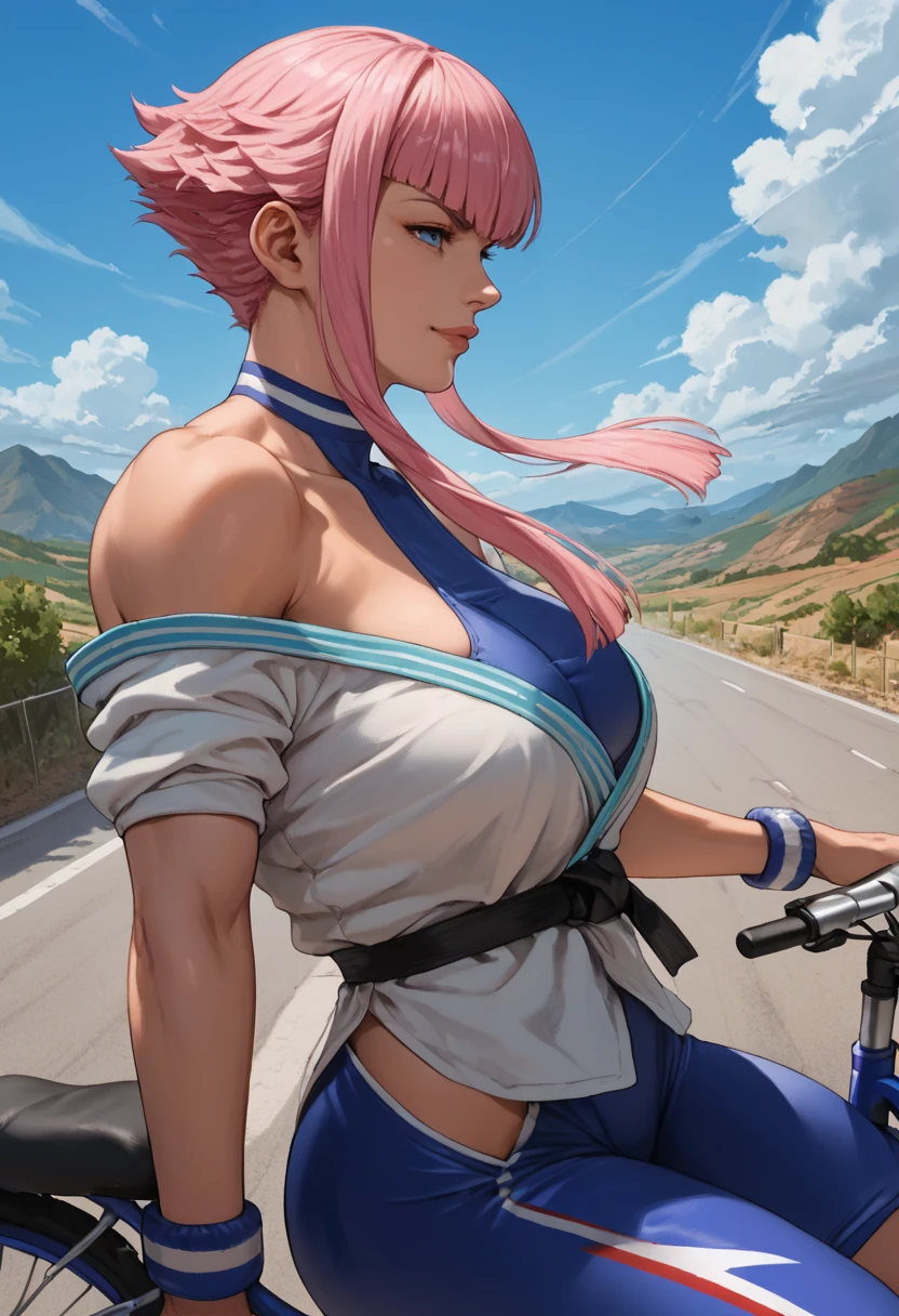 score_9, score_8_up, score_7_up source_anime BREAK 1girl, solo, looking at viewer, cowboy shot,
 <lora:ManondefDwnsty-000009:1>, manonsf, pink hair, blue eyes, short hair with long locks, toned, androgynous, 
large breasts, skindentation, smirk, lips, bicycle, sitting, on bike, speed lines, motion blur, dutch angle, from side, profile, from below, downhill, driving, wind, 
outdoors, landscape, blue sky, street,