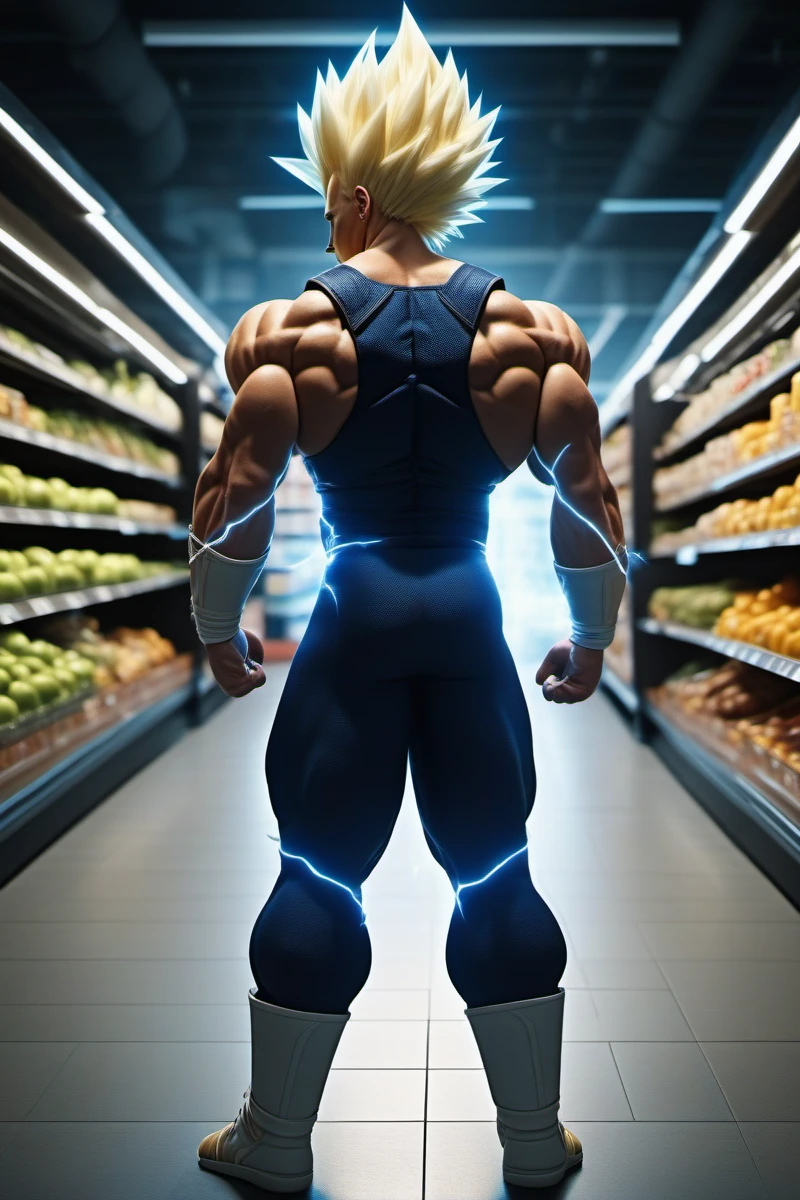 cinematic photo a full body portrait of a muscular man, blond spiked hair, super saiyan, glowing, electricity , solo, shops in a grocery store <lora:Vegeta1024:0.8> . 35mm photograph, film, bokeh, professional, 4k, highly detailed