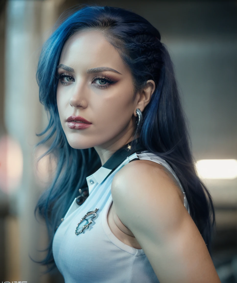 cinematic photo  <lora:quiron_AlissaWhiteGluz_v090330_Lora:0.87> alissaWhiteGluzQuiron woman, 1girl, long hair,  realistic, looking at viewer, lips, jewelry, earrings, parted lips, blue eyes,  lipstick , ,  MakeUp,,  Tennis skort and sleeveless polo shirt, ,    . 35mm photograph, film, bokeh, professional, 4k, highly detailed