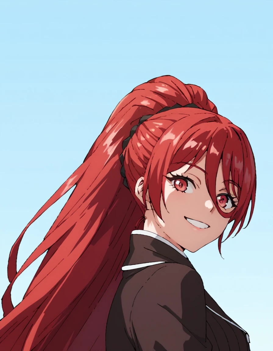 score_9, score_8_up, score_7_up, score_6_up, score_5_up, score_4_up, source_anime,  Maya, long hair, red hair, high ponytail, red eyes,  portrait, smile