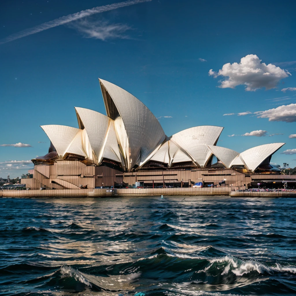 (ultra realistic,32k, masterpiece:1.2),(high detailed:1.1),( high quality:1.1),  BREAK,    <lora:Sydney_Opera_House:0.8>, high resolution, highly detailed,  Sydney Opera House, sky, day, cloud, water, blue sky, ocean,   BREAK,   blooming stars, luminescent petals, otherworldly fragrance blurry background, <lora:add_detail:0.92>, (glowwave:1.1),