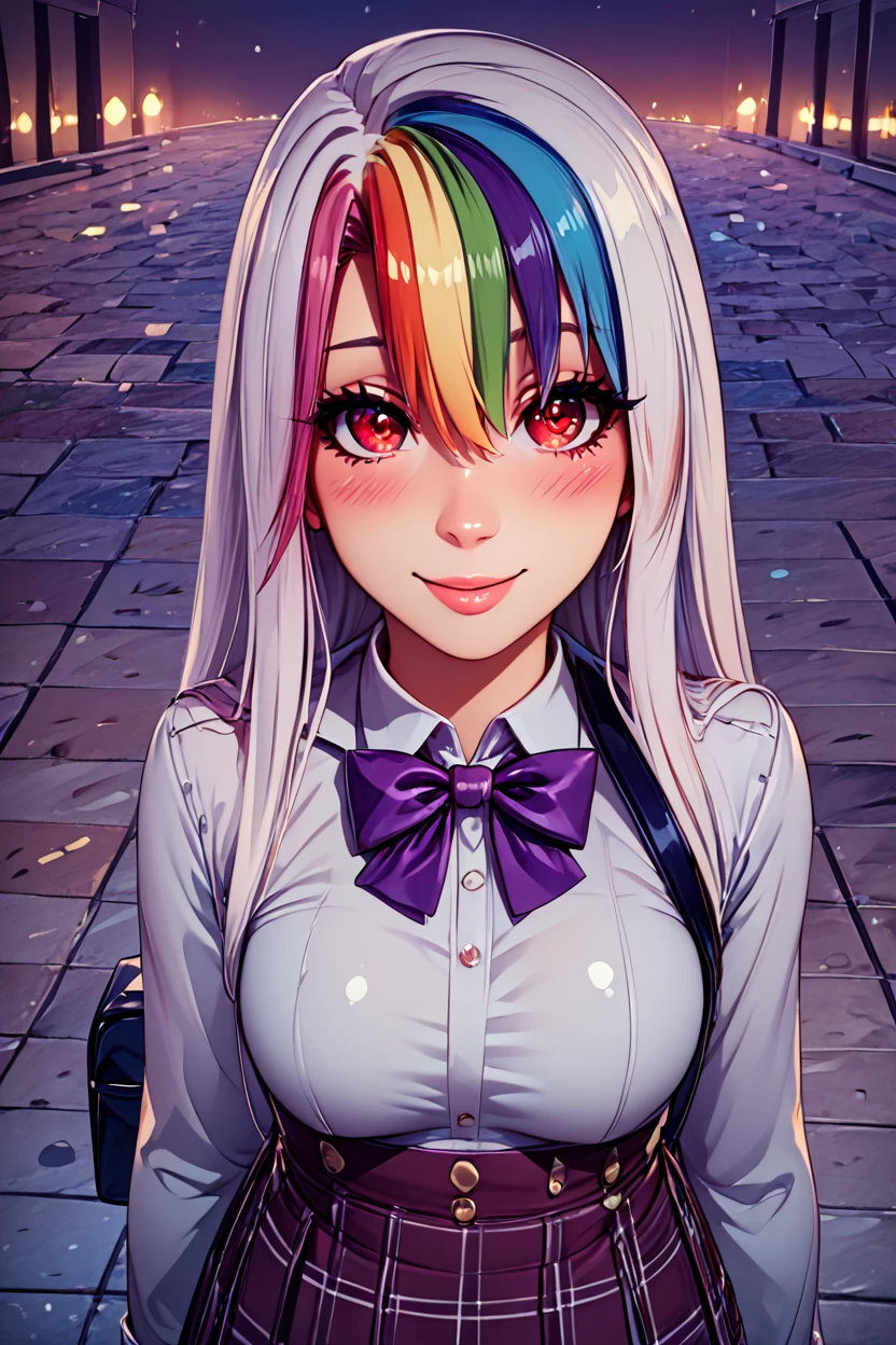 score_9, score_8_up, score_8, medium breasts, (curvy), cute, eyelashes,       BREAK, , <lora:RoxyCitronOCPDXL_v2:0.8>,  Roxy_Citron_OC,  1girl, solo, red eyes, white hair, rainbow hair, long hair, streaked hair, hair between eyes, purple bowtie,  alternate costume, smile, looking at viewer, collared shirt, blush, eyelashes, long sleeves, sleeves past wrists, plaid skirt, shoulder bag, black bag, blurry, tile floor, pleated skirt, white shirt, , BREAK,  (ultra realistic,32k, masterpiece:1.2),(high detailed skin:1.1),( high quality:1.1), curvy, head tilt, hearts, blush, lips, curvy, head tilt, shiny clothes, (upper body), looking at viewer, bokeh, luminescent background,  embedding:zPDXL, Expressiveh,  <lora:RlAnmPDXL:1.0>,