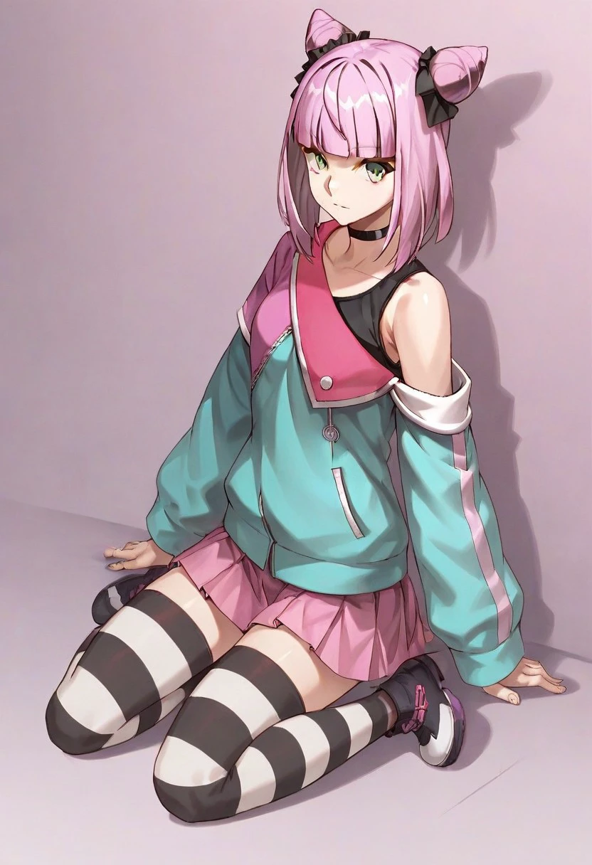 score_9,score_8_up,score_7_up,  shiny skin,  
shinagawa_haru, cardfight!!_vanguard, 1girl, solo, 
pink hair, purple hair,short hair, blunt bangs, hair bun,  cone hair bun, double bun, green eyes, 
black choker,  tank_top, black shirt,
jacket,   off shoulder,  long sleeves, 
pink skirt, pleated skirt,  thighhighs,  striped, striped thighhighs, shoes,