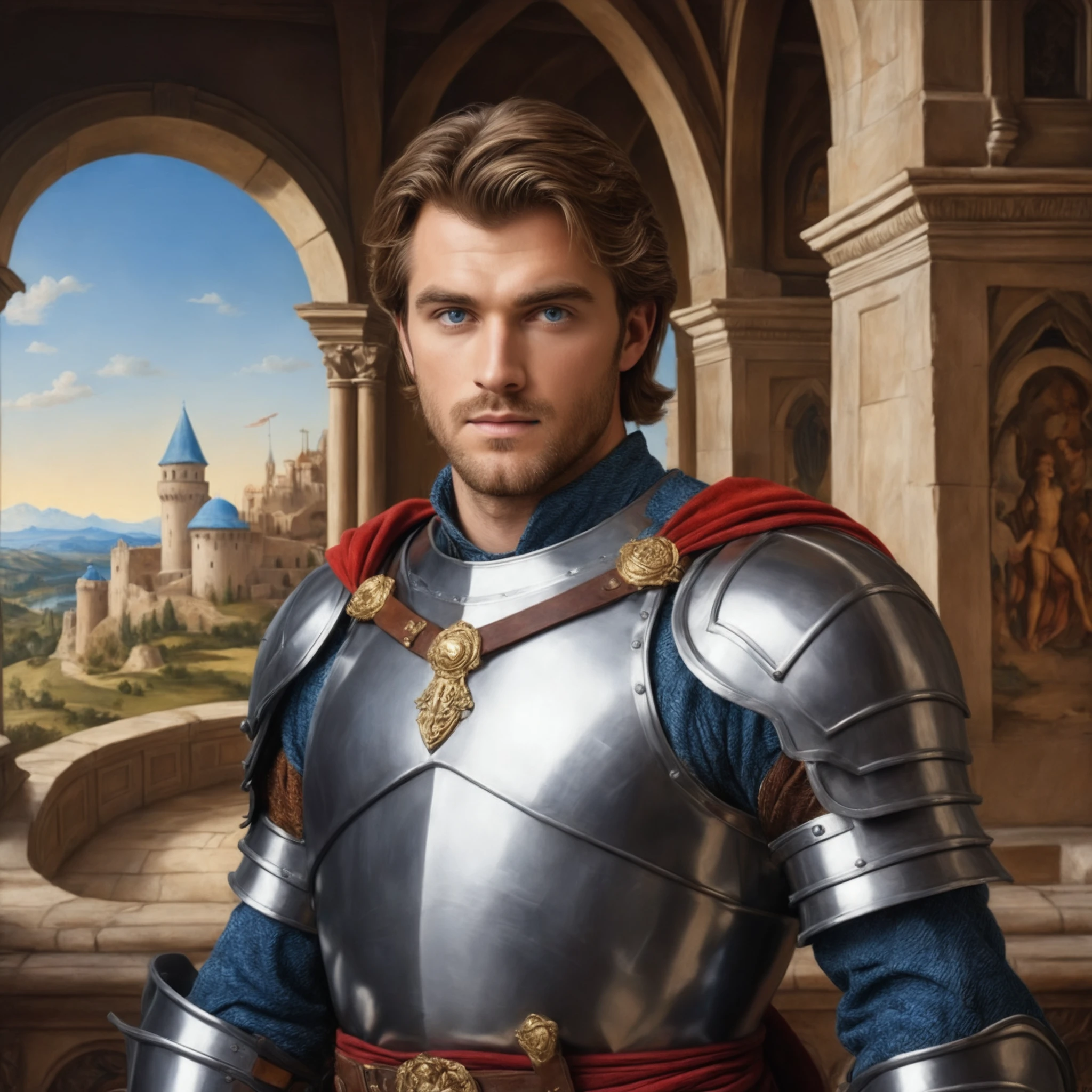 renaissance style (painting in the style of Raphael:1.3), AndrwTggrt as a medieval knight, blue eyes, looking at the viewer, castle background . realistic, perspective, light and shadow, religious or mythological themes, highly detailed