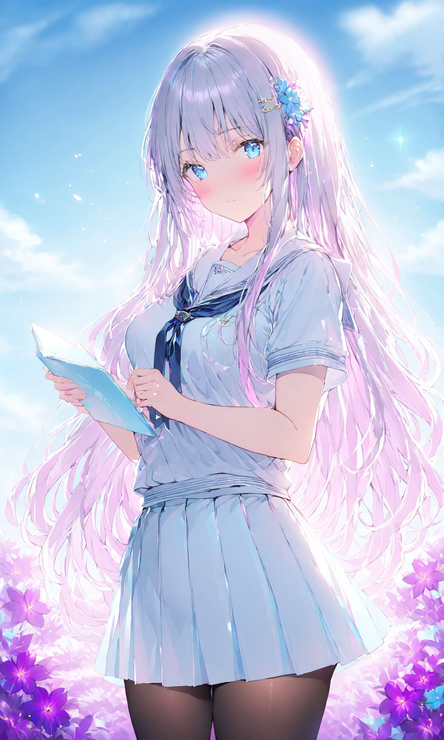 1girl, solo, long hair, looking at viewer, blush, bangs, blue eyes, skirt, shirt, hair ornament, holding, very long hair, closed mouth, school uniform, standing, white shirt, flower, short sleeves, grey hair, pantyhose, outdoors, sky, day, cloud, sailor collar, blue sky, black pantyhose, white skirt, cloudy sky, blue flower, purple flower
,masterpiece, best quality, score_9, score_8_up, score_7_up, ultra-detailed, Best-A, Medium-B, Low-C, Bad-D,  <lora:Poutlines:0.8>