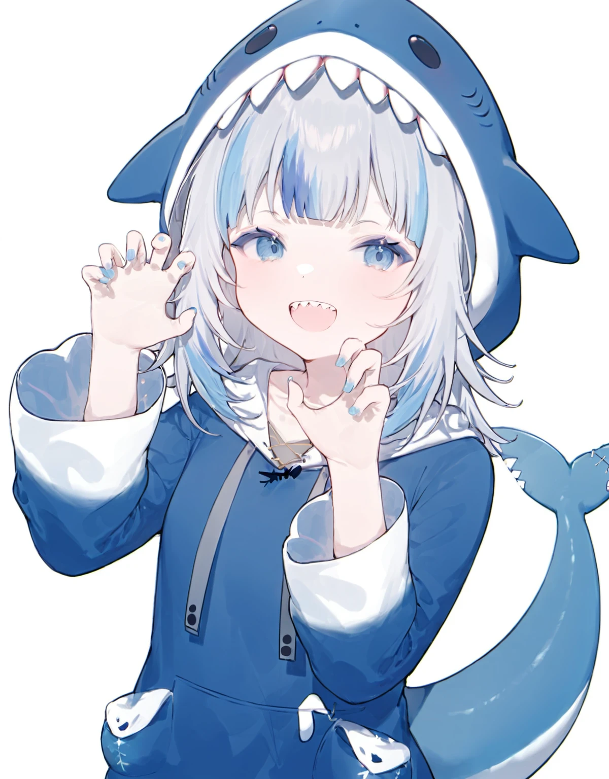 <lora:viola:1>,1girl, gawr gura, virtual youtuber, bloop (gawr gura), hood, gawr gura (1st costume), sharp teeth, teeth, blue eyes, tail, multicolored hair, blue nails, blue hair, shark tail, fish tail, streaked hair, fins, looking at viewer, blue hoodie, grey hair, open mouth, smile, claw pose, shark hood, shark girl, hoodie, nail polish, white background, heart, long sleeves, animal hood, simple background, :d, upper body, hood up, blush, blunt bangs, hand up, medium hair,, masterpiece,newest,absurdres,safe,