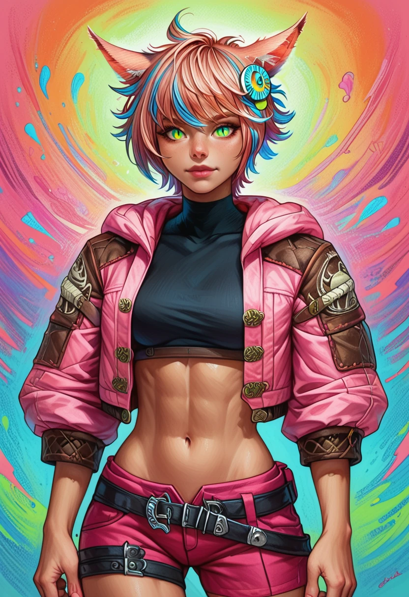 zPDXL2,,cr4yon, colorful, 1girl,solo,yaana,miqo'te,hair ornament, cowboy shot, feline eyes, beautiful eyes, midriff, cropped jacket, vibrant colors, crayon drawing <lora:Yaana_Black_Cat_Pony:0.8> <lora:Colorful_Crayons_Pony:1>