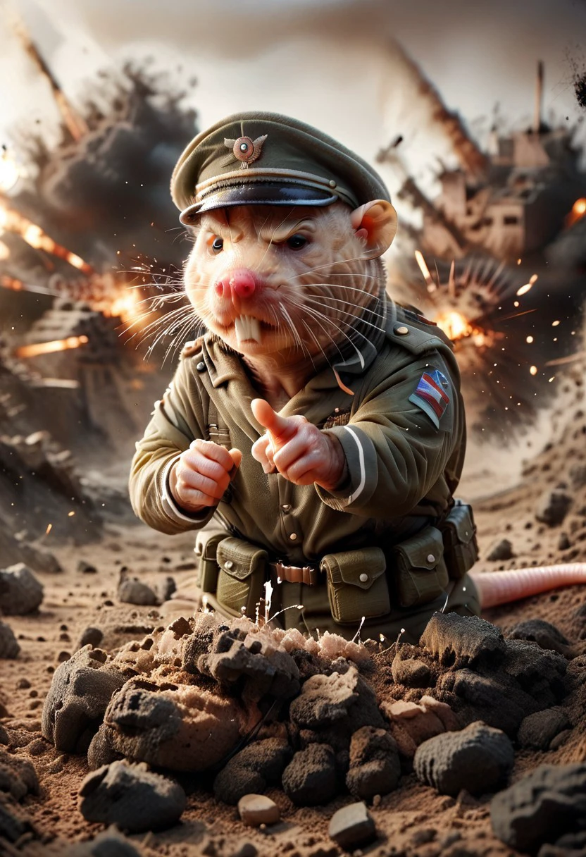 score_9, score_8_up, score_7_up, score_6_up, score_5_up, score_4_up, m0l3r4t, 1boy, rodent, military outfit, military hat, holding weapon, war background, explosion, pointing