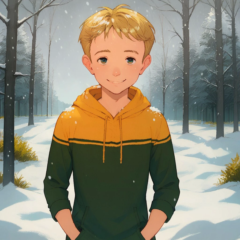 score_9, score_8_up, score_8_up, break, solo, 1boy, blonde hair, short hair, hoodie, outdoors, snow, snowing, looking at viewer, smile, hands in pockets, natural lighting