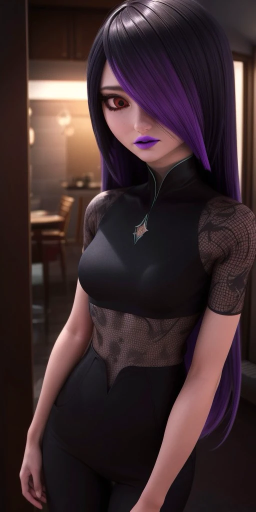 Hyperrealistic, photorealistic, super detailed, fifteen years old, medium height, brilliant red eyes, dark eyeshadow, long black hair with dyed purple tips at the end and bangs covering the left side of her face, very soft magenta lipstick, body like in real life, large pores, pale-skinned, beautiful arms, little breasts, unreal engine, octane render, droped shadow, bokeh, cinematic lighting, <lora:add_detail:0.5>, <lora:Volumetric_lighting:0.6>, Juleka Couffaine, , <lora:d5da7d5d-bd8d-4fcf-8082-26baea76a477:0.7>