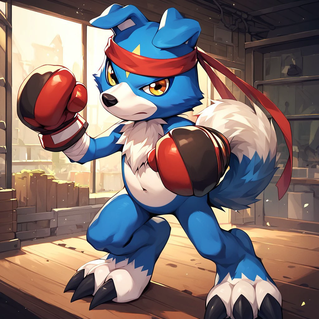 gaomon (character), digimon (creature), anthro, dog boy, blue body, blue fur, yellow eyes, boxing gloves, headband, bandages, tail, 3 toes, claws, solo, 1boy, score_9, score_8, score_7_up, score_6_up