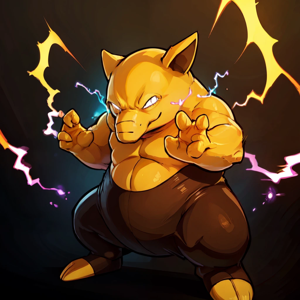 ((masterpiece,best quality)), absurdres, <lora:Drowzee_Pokemon:0.7>,   zzDrwz, smile, standing, full body, black eyes, shiny skin, hands up, glowing, , glowing eyes, brown background, electricity, pokemon move, <lora:Aura_v1:0.4>, Aura, energy, glowing,swirling energy, dynamic pose