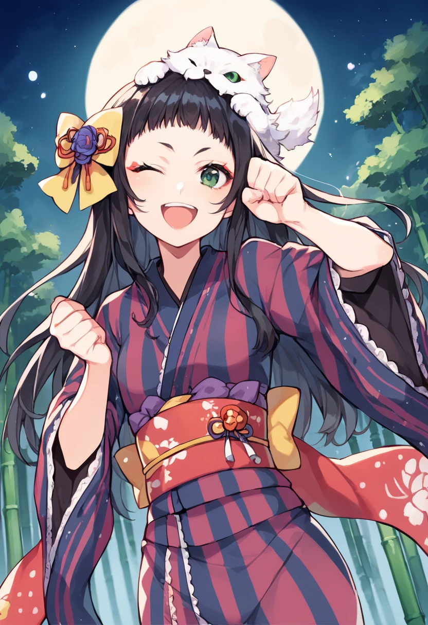 score_9,score_8_up,score_7_up,source_anime,masterpiece,best quality,game cg,1girl,solo,little_girl,marimari_(show_by_rock!!),long hair,black hair,(animal on head:1.1),hair ornament,hair bow,green eyes,hair flower,floral print kimono,striped kimono,red obi,wide sleeves,long sleeves,<lora:marimariSB69:0.95>,upper_body,cowboy_shot,looking_at_viewer,smile,open mouth,cheering,night,shrine,dynamic_angle,bamboo forest,wink,moon,