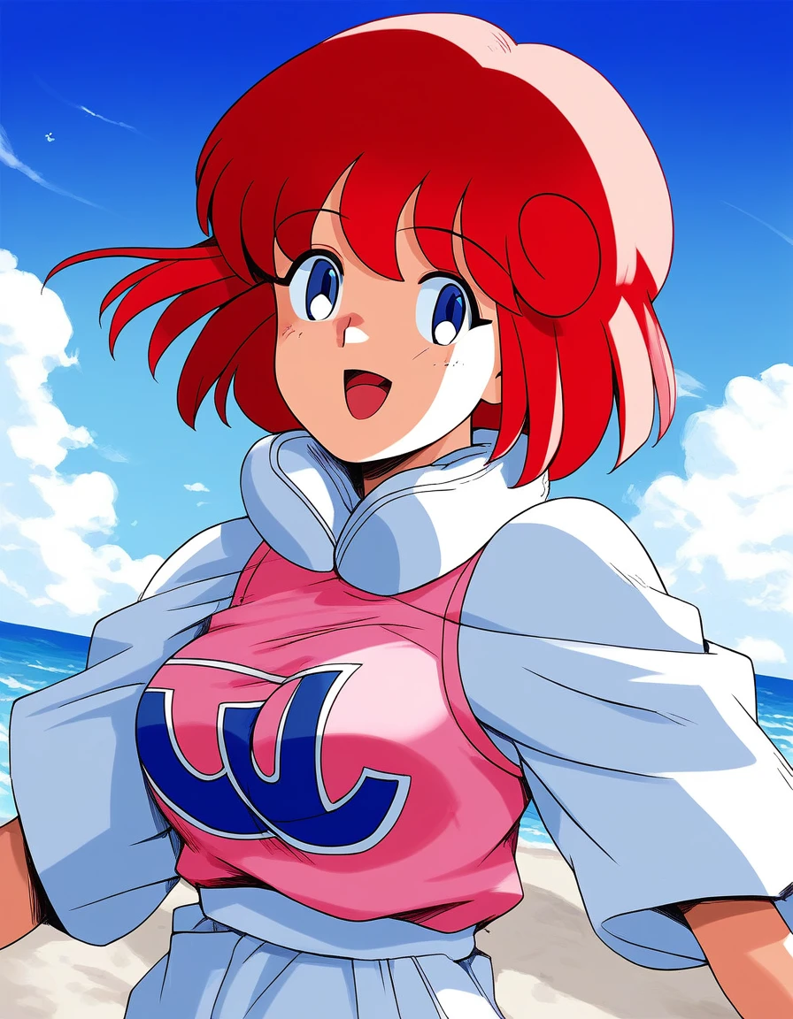 score_9, score_8_up, score_7_up, source_anime, rating_explicit, BREAK  <lora:Pastel_TwinBee_XL:1> Pastel_TwinBee, red hair, blue eyes, short hair, bangs, medium breasts,
1girl, solo, retro artstyle, open mouth, day, 1980s (style), smile, sky, looking at viewer, cloud, outdoors, upper body, ocean