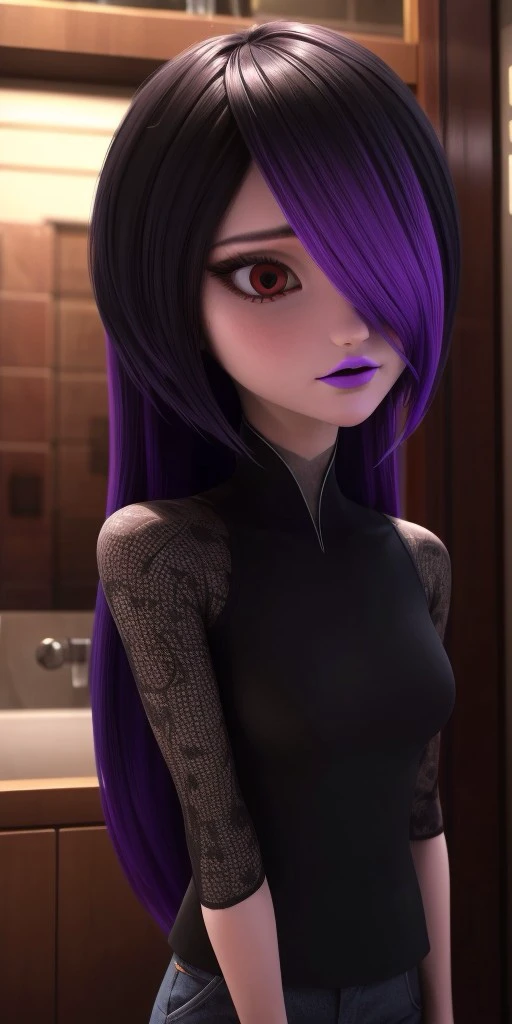 Hyperrealistic, photorealistic, super detailed, fifteen years old, medium height, brilliant red eyes, dark eyeshadow, long black hair with dyed purple tips at the end and bangs covering the left side of her face, very soft magenta lipstick, body like in real life, large pores, pale-skinned, beautiful arms, little breasts, unreal engine, octane render, droped shadow, bokeh, cinematic lighting, <lora:add_detail:0.5>, <lora:Volumetric_lighting:0.6>, Juleka Couffaine, , <lora:d5da7d5d-bd8d-4fcf-8082-26baea76a477:0.7>