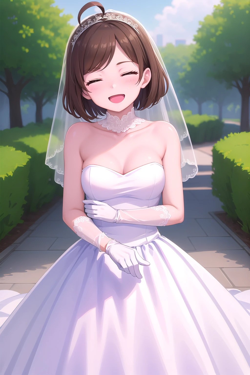 (masterpiece, best quality), highly detailed background, perfect lightingbest quality, imyujin, solo, outdoors, nature, bridal veil, brown hair, ahoge, swept bangs, parted bangs, short hair, closed eyes, medium breasts, wedding dress, white dress, white gloves, frilled skirt, smile, open mouth, ^o^, <lora:Im-Yujin-05:0.7>