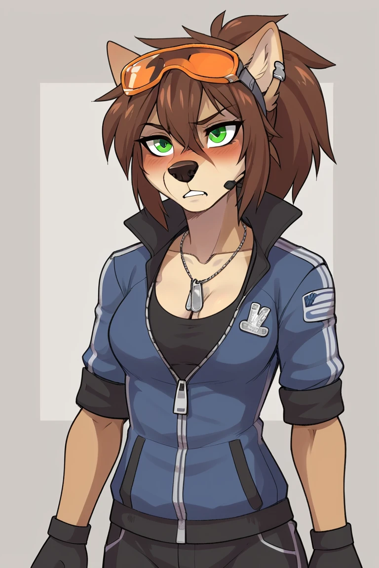 score_9, score_8_up, 
source_furry,
<lora:Wendy_Wolfy-Nail:0.8>  w3ndywn, 1girl, female wolf, hair between eyes,  spiked hair, green eyes, orange (goggles), animal ears, wolf ears, fingerless gloves, brown hair, blush, black nose, ponytail,
blue jacket outfit,
blush, lust, alluring,
skinny,
medium breast,
cleavage, sport bra, fitness bra,
military dog tags,