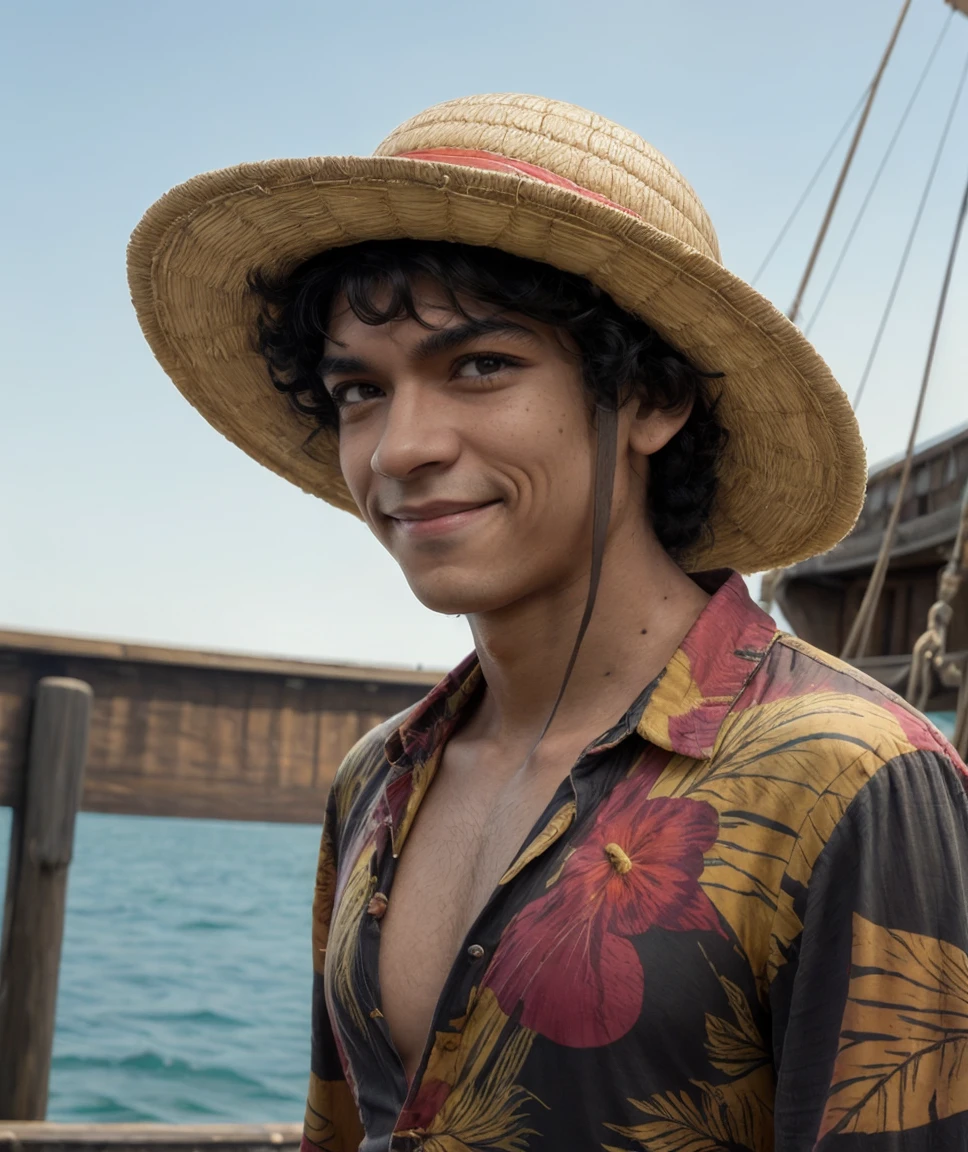 concept art  <lora:quiron_inakigodoyluffy_v010330_Lora:0.77> inakigodoyLuffyQuiron, black hair, hat, realistic, straw hat, solo, male focus, 1boy, looking at viewer, black eyes,   grin , smiling  , happy,  hawaiian shirt , photorealistic, best quality, Old wooden Pirate ship,  vivid colors, high quality, masterpiece, best quality . digital artwork, illustrative, painterly, matte painting, highly detailed