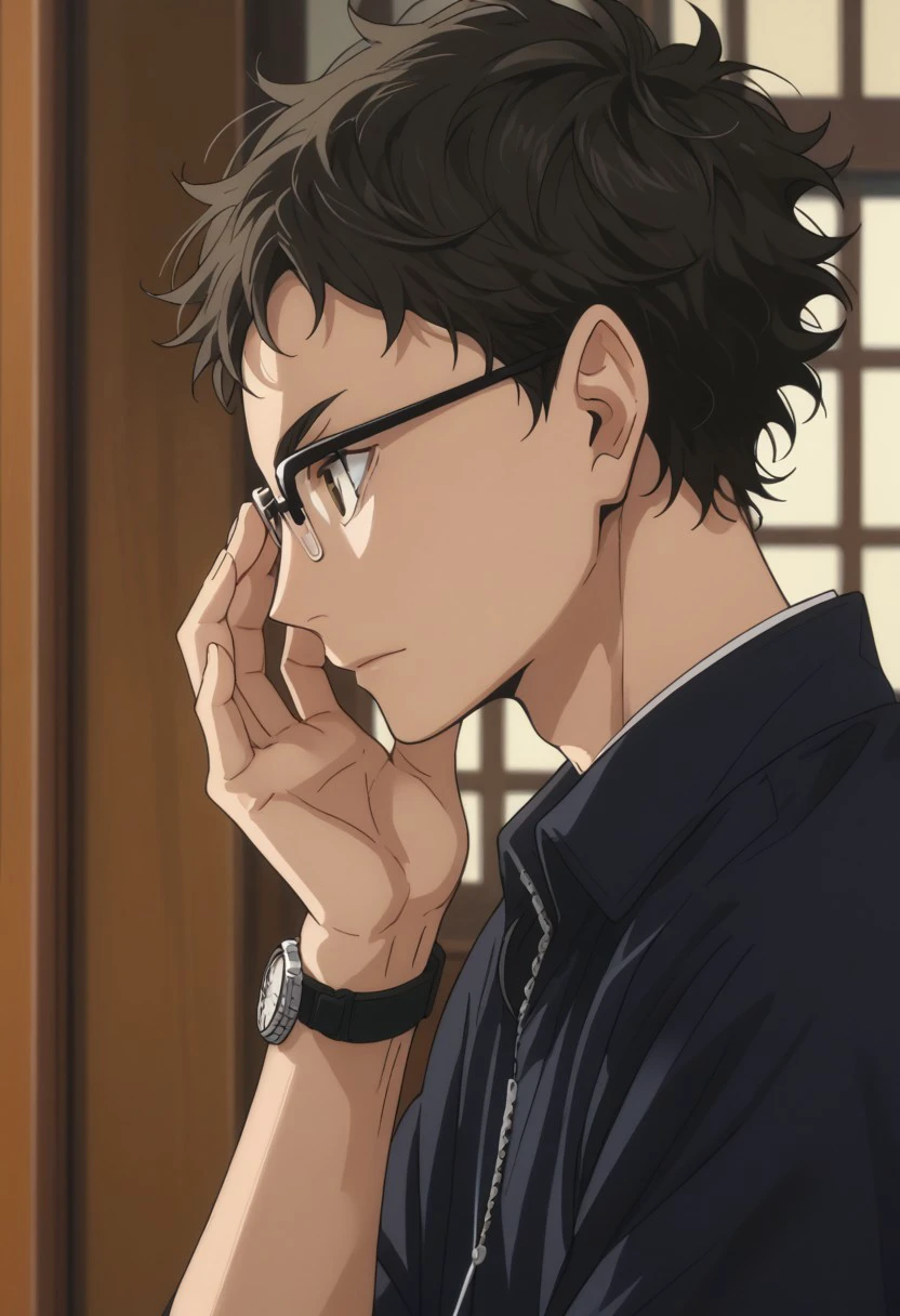 score_9, score_8_up, score_7_up, source_anime, rating_safe, 1hand on face, Takaikyu, 1boy, male focus, anime screencap, black glasses, black wristwatch, upper body, from side, wristwatch focus, hand with five fingers,