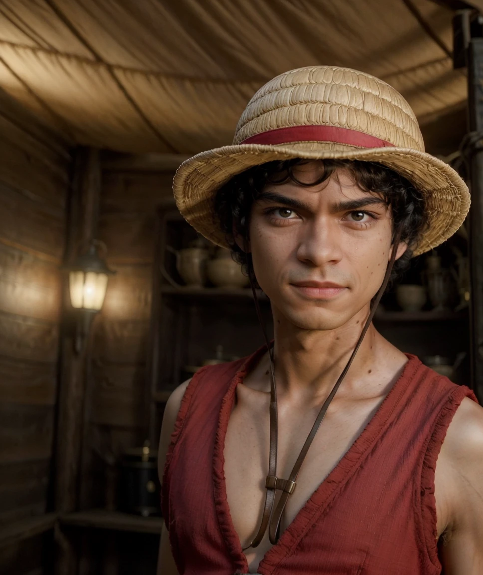 cinematic photo  <lora:quiron_inakigodoyluffy_v010330_Lora:0.87> inakigodoyLuffyQuiron, black hair, hat, realistic, straw hat, solo, male focus, 1boy, looking at viewer, black eyes,   , , happy,  red shirt , photorealistic, best quality, , . 35mm photograph, film, bokeh, professional, 4k, highly detailed