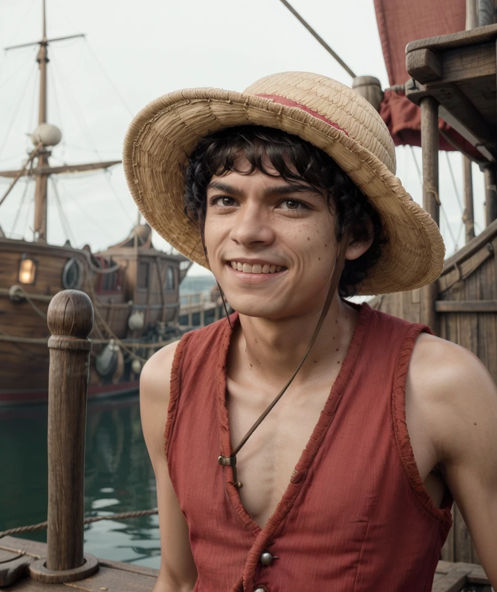 cinematic photo  <lora:quiron_inakigodoyluffy_v010330_Lora:0.87> inakigodoyLuffyQuiron, black hair, hat, realistic, straw hat, solo, male focus, 1boy, looking at viewer, black eyes,   laughing , smiling  , happy,  red shirt , photorealistic, best quality, Old wooden Pirate ship, . 35mm photograph, film, bokeh, professional, 4k, highly detailed