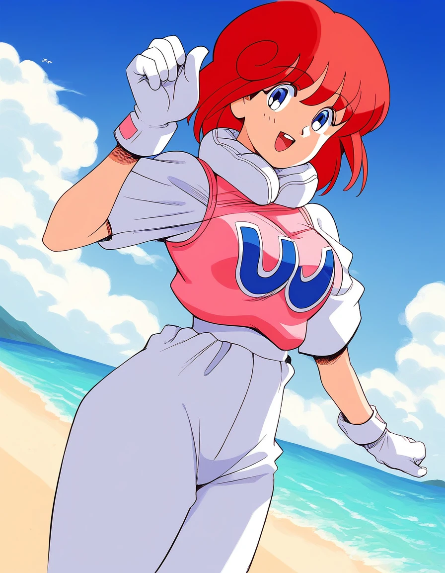 score_9, score_8_up, score_7_up, source_anime, rating_explicit, BREAK  <lora:Pastel_TwinBee_XL:1> Pastel_TwinBee, red hair, blue eyes, short hair, bangs, medium breasts,
1girl, gloves, retro artstyle, open mouth, smile,  looking at viewer, white gloves, short sleeves, 1990s (style), cowboy shot, long pants, 
sky, blue sky, cloud, beach,