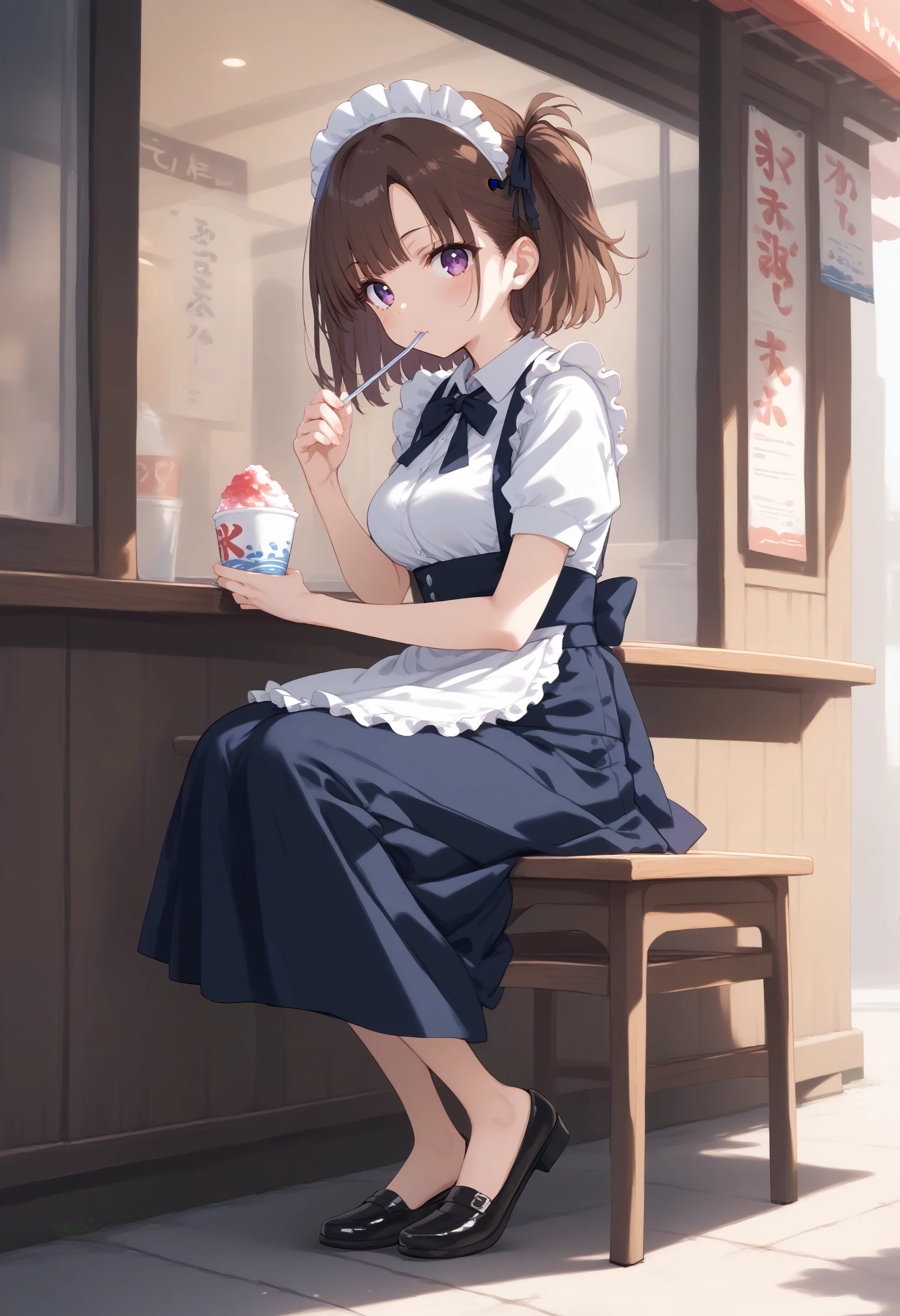 score_9, score_8_up, score_7_up, source_anime,
1girl,solo,medium breasts, maid, maid headdress,
shaved ice,<lora:shavedice_Pony_v1:0.8>
holding drinking straw, spoon straw, eating,
from side, full body, looking at viewer, brown hair, purple eyes,flustered, underground parking lot, closed mouth, one side up hair,,