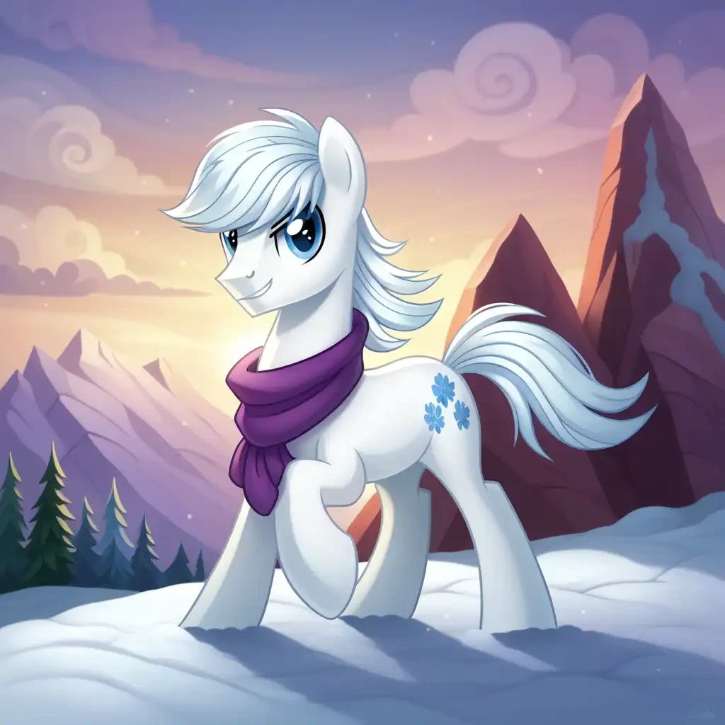 score_9, score_8, score_7_up, source_pony, double_diamond_(mlp), white body, blue eyes, white mane, white tail, flower-shaped cutie mark, wearing purple scarf, solo, 1boy, a young handsome stallion, standing, wide stance, posing, dynamic pose, husbando, smiling, looking at viewer, friendly, soft, calm, long mane, detailed eyes, perfect hands, perfect hooves, horse tail, cutie mark, outdoors, snow, winter mountain, digital art, masterpiece, 8K, HD, soft lighting, full body, 