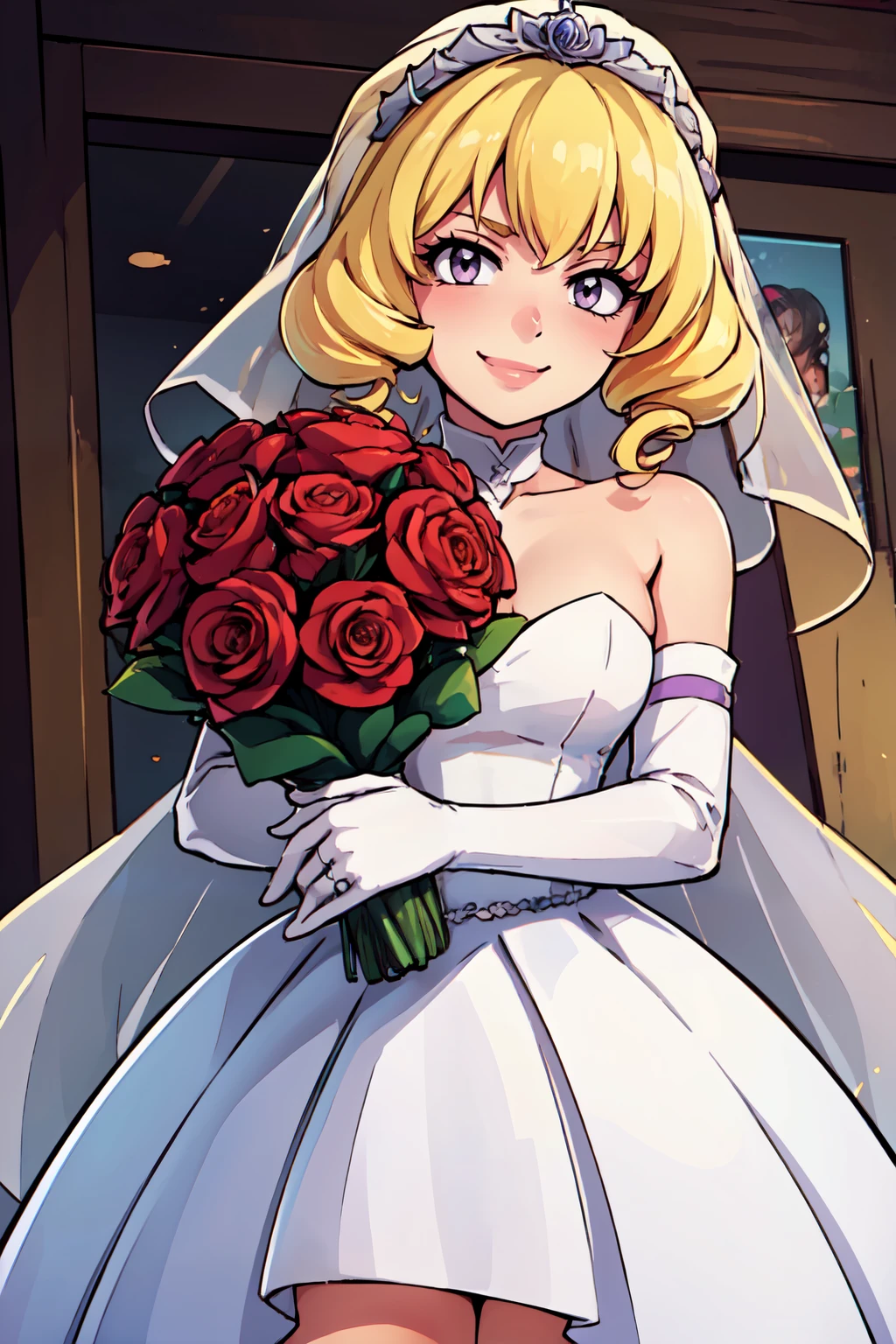 ((masterpiece,best quality)), absurdres,  BREAK, , <lora:Domino_Pokemon:0.7>, zzDomino, purple eyes, blonde hair, drill hair, , BREAK, bride, wedding dress, bridal veil, strapless dress, elbow gloves, holding bouquet,, BREAK, solo, smile, looking at viewer, cowboy shot,