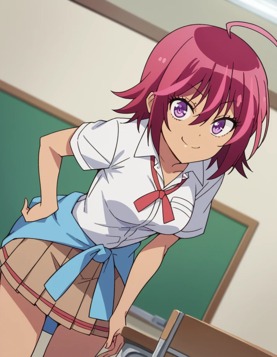 score_9, score_8_up, score_7_up, source_anime, <lora:uruka-takemoto-s2-ponyxl-lora-nochekaiser:1>, uruka takemoto, medium hair, purple eyes, pink hair, ahoge, red hair, medium breasts,, skirt, shirt, school uniform, white shirt, clothes around waist, brown skirt, pleated skirt,, indoors, bent over, smile, smug, looking at viewer, solo,, cowboy shot, dutch angle