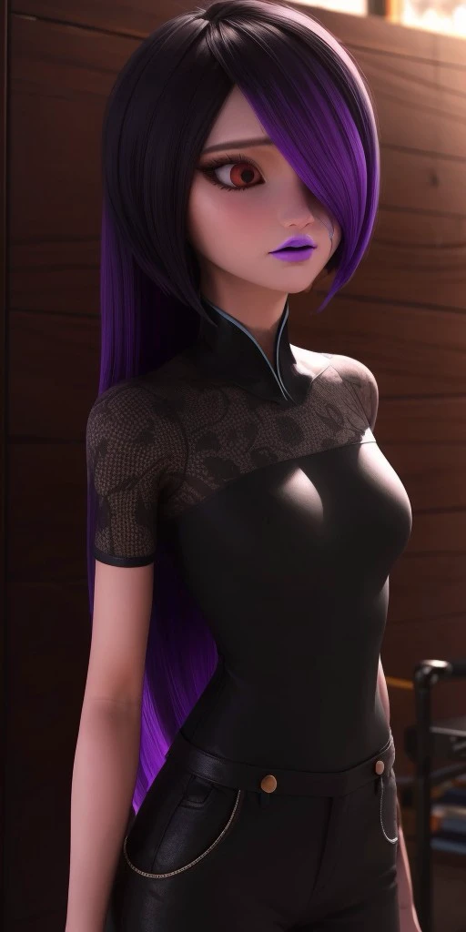 Hyperrealistic, photorealistic, super detailed, fifteen years old, medium height, brilliant red eyes, dark eyeshadow, long black hair with dyed purple tips at the end and bangs covering the left side of her face, very soft magenta lipstick, body like in real life, large pores, pale-skinned, beautiful arms, little breasts, unreal engine, octane render, droped shadow, bokeh, cinematic lighting, <lora:add_detail:0.5>, <lora:Volumetric_lighting:0.6>, Juleka Couffaine, , <lora:d5da7d5d-bd8d-4fcf-8082-26baea76a477:0.7>