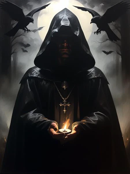 <lora:03realismPainting_Hap_XL:1>, realism American art painting oil painting,masterpiece,highly detailed,  solo, dark silhouette, unholy, sinfully, wicked, ritual, dark night, pitch_black, hood, cloak, aura, witchcraft, mysterious, best quality, realistic, highly detailed