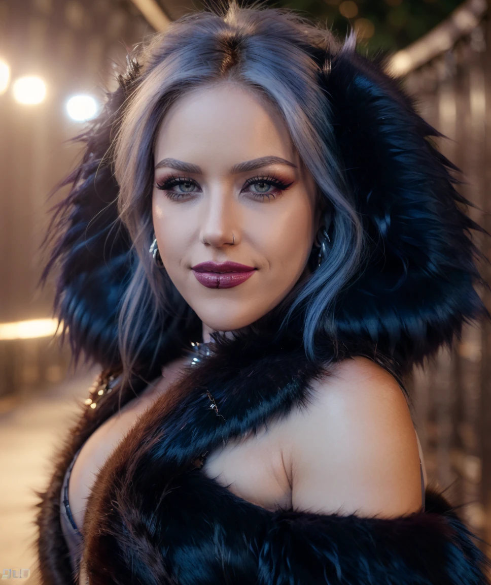 cinematic photo  <lora:quiron_AlissaWhiteGluz_v090330_Lora:0.87> alissaWhiteGluzQuiron woman, 1girl, long hair,  realistic, looking at viewer, lips, jewelry, earrings, parted lips, blue eyes,  lipstick , smile ,  MakeUp,,  fur outfit,  ,    . 35mm photograph, film, bokeh, professional, 4k, highly detailed