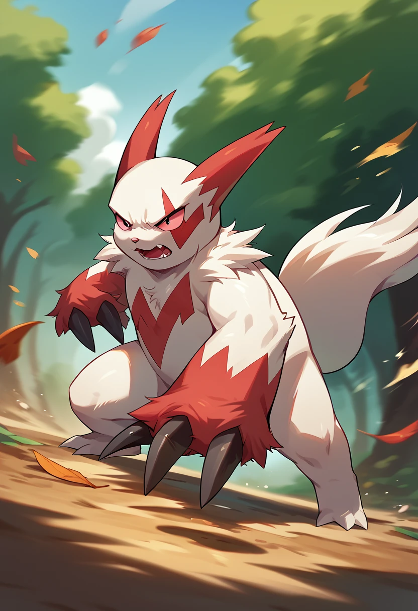 score_9, score_8_up, score_7_up, score_6_up, source_furry, solo, dof, full-length portrait, blurred background,  <lora:POKEMON_ZANGOOSE:1> zangoose, pokemon (creature), attacking, slashing with claws, moving, motion blur, cinematic, dynamic angle, rimlight, leaves and dust blowing in background