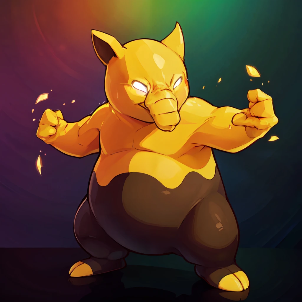 ((masterpiece,best quality)), absurdres, <lora:Drowzee_Pokemon:0.8>,   zzDrwz, smile, standing, full body, black eyes, shiny skin, hands up, glowing, , glowing eyes, multicolored background, pokemon move, rainbow background,