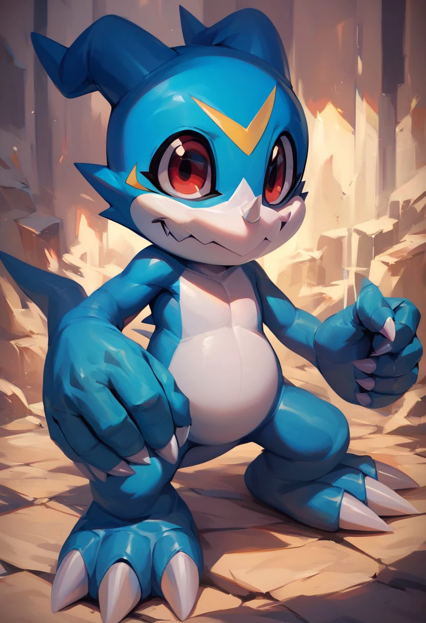 veemon(creature), digimon(creature), scalie, blue body, red eyes, tail, claws, horn, 1boy, solo, 3 toes, 5 fingers, full body, score_9, score_8, score_7_up, score_6_up,