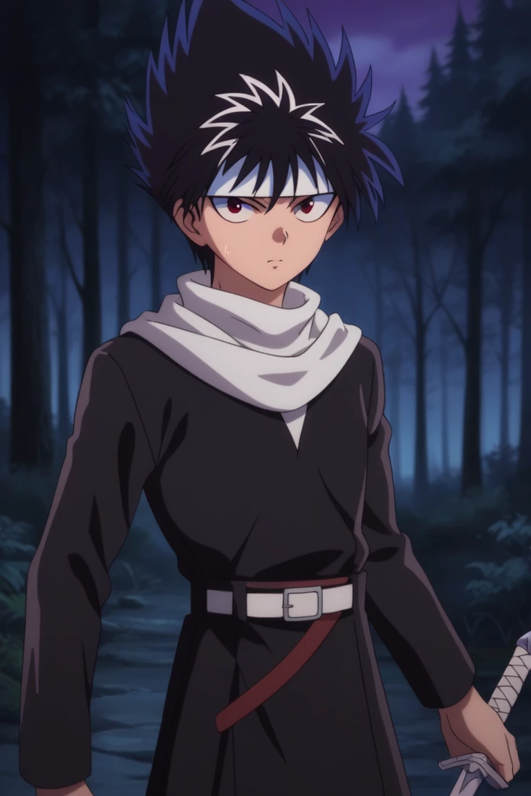 score_9, score_8_up, score_7_up, score_6_up, masterpiece, best quality, amazing quality, best aesthetic, absurdres, intricate details, hiei_ep, black hair, red eyes, official style, 1boy, male focus, solo, weapon, spiked hair, sword, holding, nature, forest, scarf, holding weapon, night, outdoors, looking at viewer, sweatdrop, belt, holding sword, long sleeves, headband, black cloak<lora:EMS-445884-EMS:1.000000>