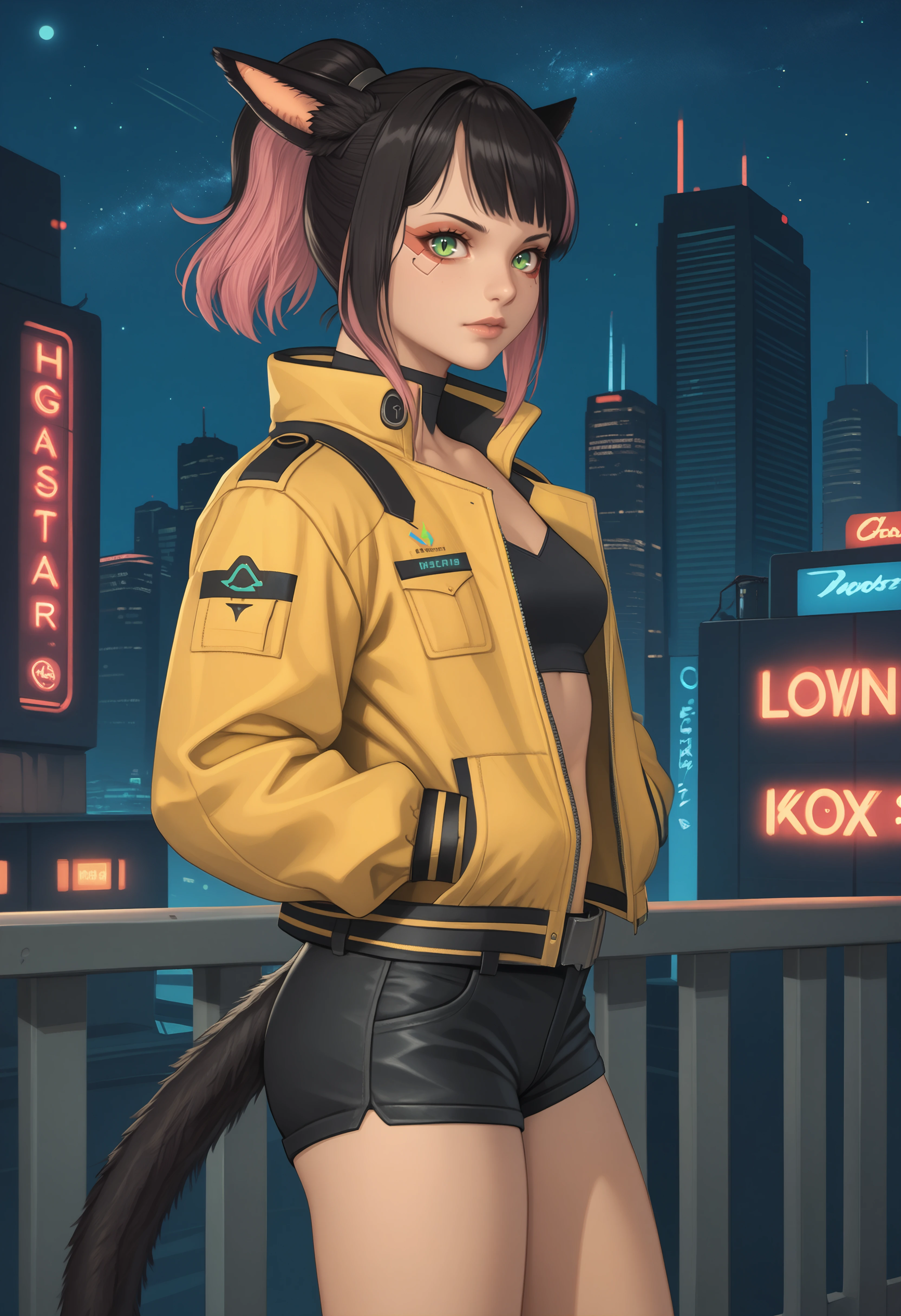 score_9, score_8_up, score_7_up BREAK <lora:clamXIVMC_v42-000006:1> xivmc, animal ears, two-tone hair, ponytail, slit pupils, green eyes, makeup, tail, leather jacket, yellow jacket, high collar, black shirt, midriff, belt buckle, shorts, looking at viewer, hands in pockets, against railing, outdoors, cyberpunk city, neon lights, neon sign, skyscraper, science fiction, sci-fi, futuristic, dark, night sky, starry sky, side view,