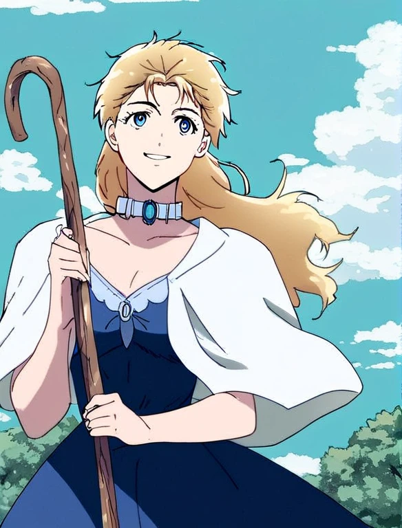 buddr00t, score_8_up, score_7_up, source_manga, rating_questionable, <lora:BuddR00tXLP:0.4>, er1n4a, girl, blonde hair, messy hair, blue eyes, happy expression, coat, blue dress, jewelled choker, holding a wooden cane, upper body, outdoors, clouds background,  <lora:JoJos_Bizarre_Adventure_Erina_Pendleton_-_Pony:0.8>