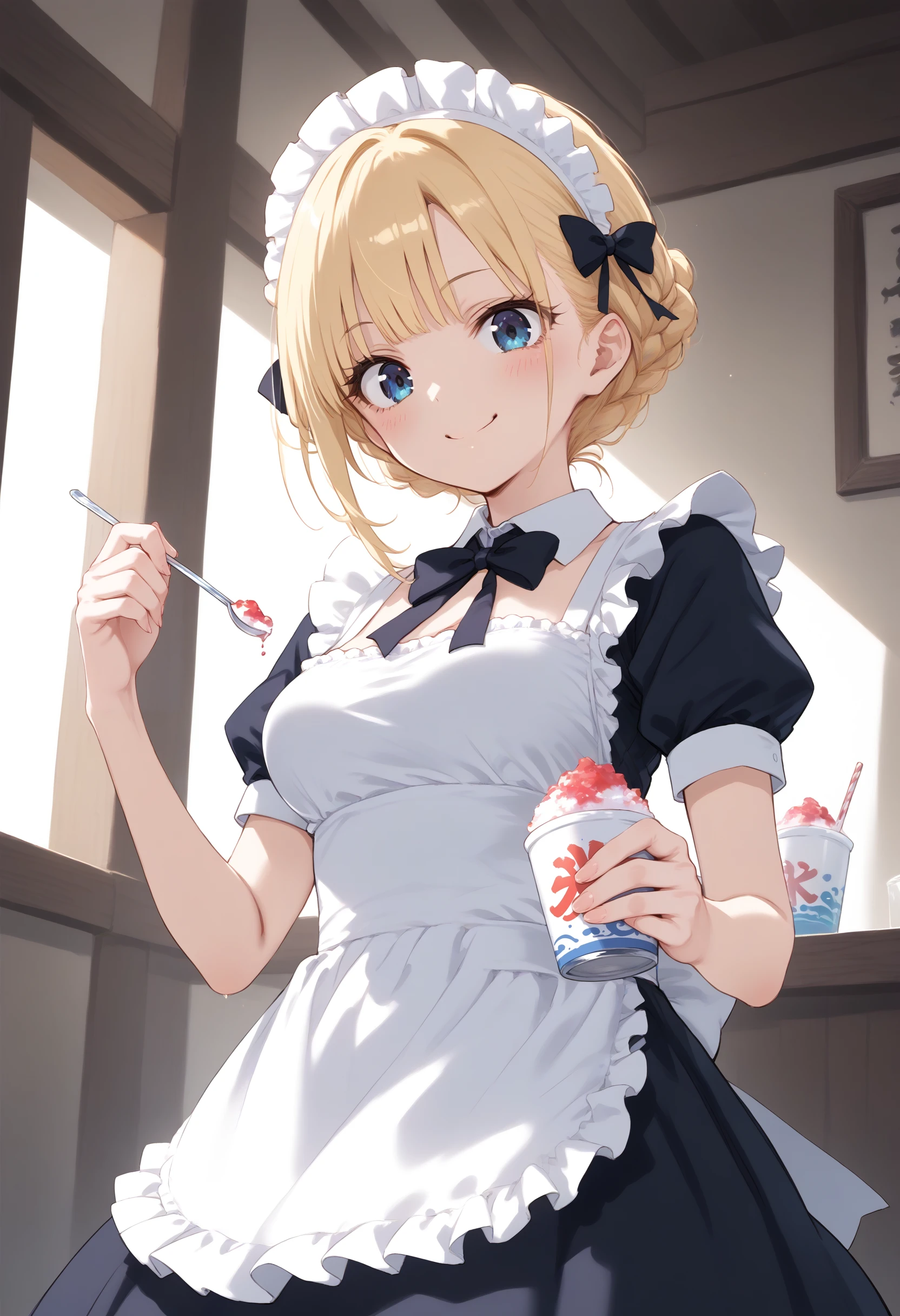 score_9, score_8_up, score_7_up, source_anime,
1girl,solo,medium breasts, maid, maid headdress,
shaved ice,<lora:shavedice_Pony_v1:0.8>
holding drinking straw, spoon straw, eating,
from below, feet out of frame, looking down, blonde hair, black eyes,crazy smile, novitiate, closed mouth, bow-shaped hair,,