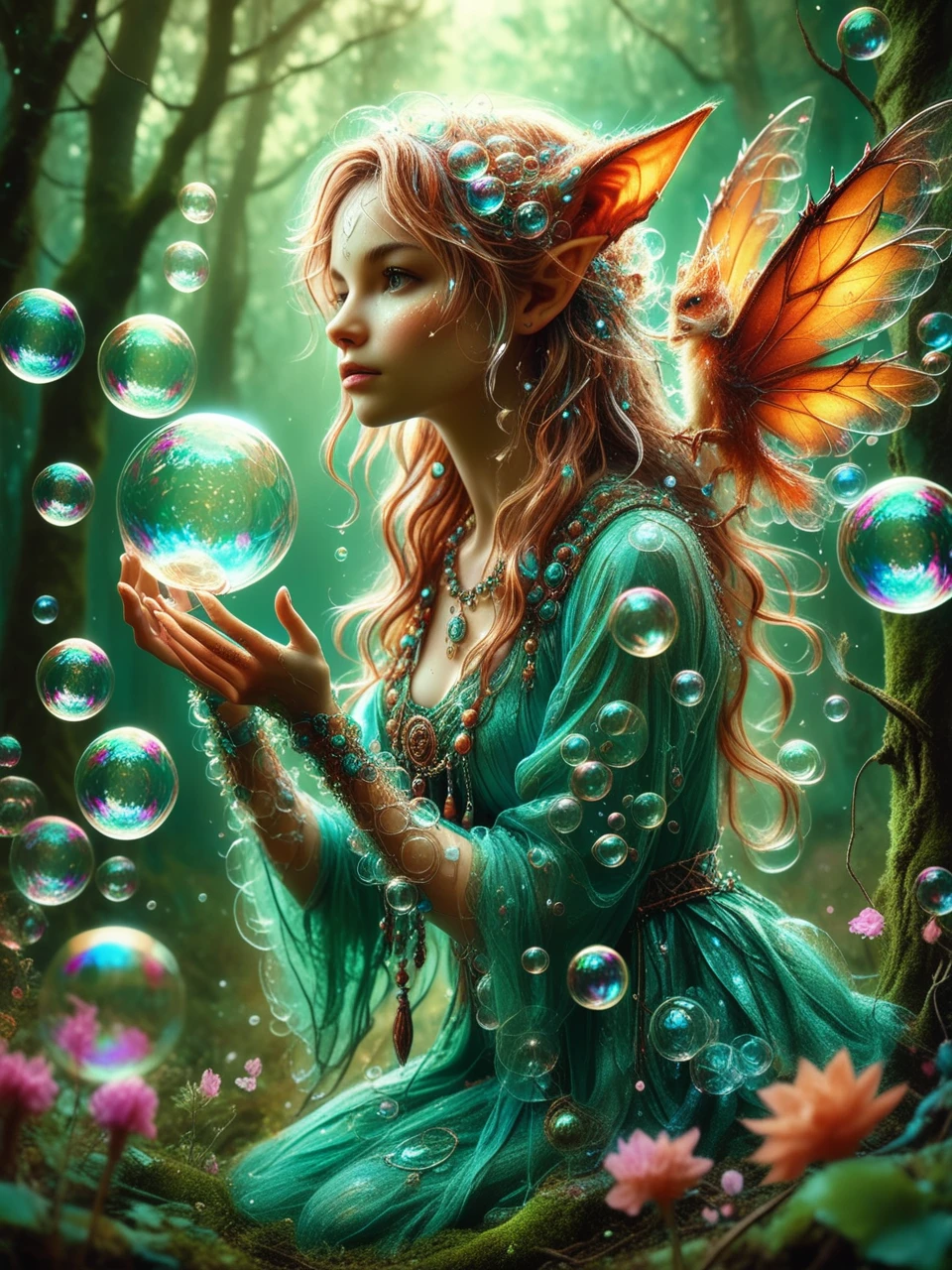 photo of a foxy elf casting a soapbubbles spell, mystic forest, super quality, score_9, art photography, deep depth of field, sheen, 24bit colors, fragmented icons, style of Carne Griffiths