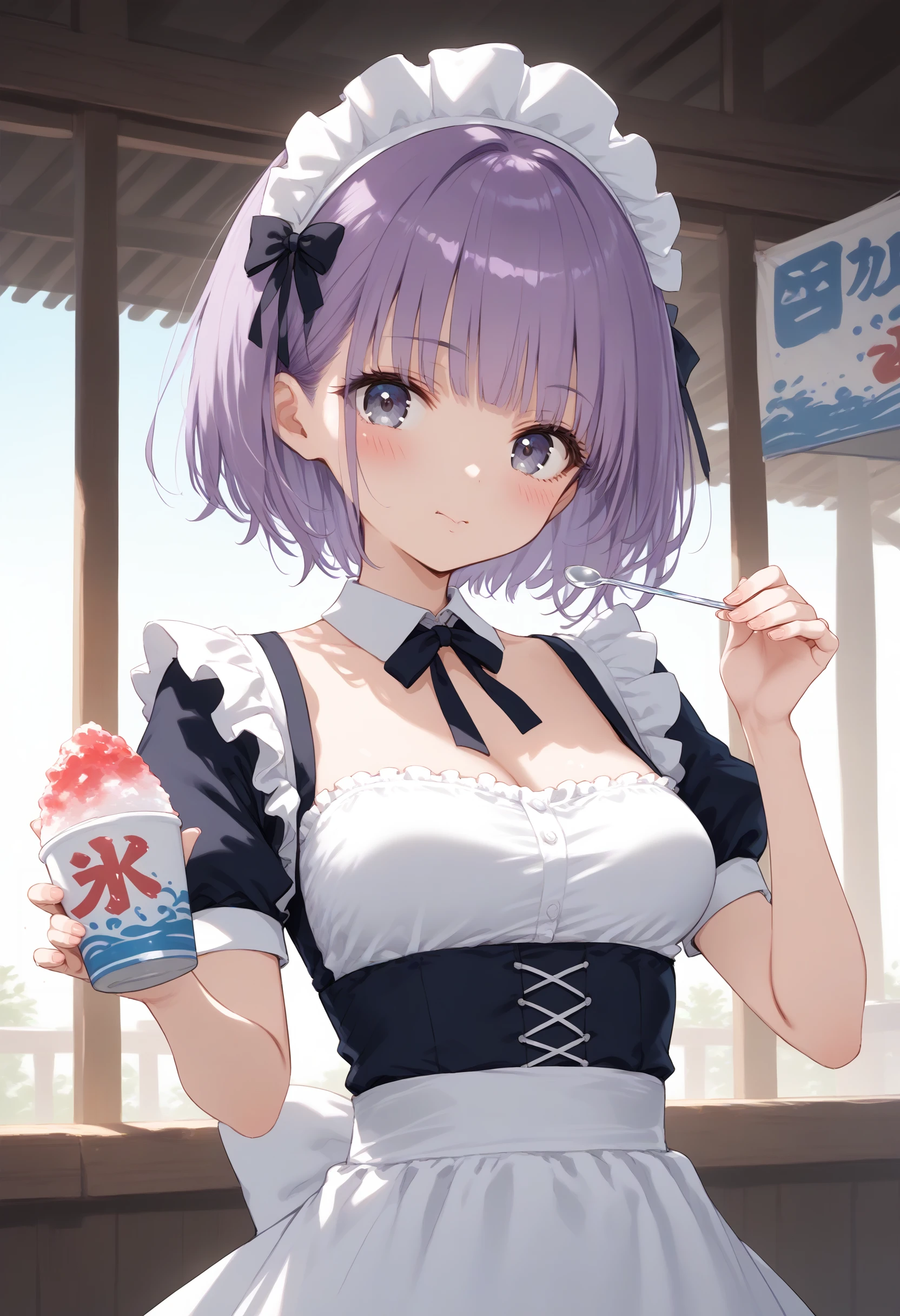 score_9, score_8_up, score_7_up, source_anime,
1girl,solo,medium breasts, maid, maid headdress,
shaved ice,<lora:shavedice_Pony_v1:0.8>
holding drinking straw, spoon straw, eating,
dutch angle, panorama shot, looking back, purple hair, silver eyes,blush, dormitory, closed mouth, lightly curled inwards hair,,