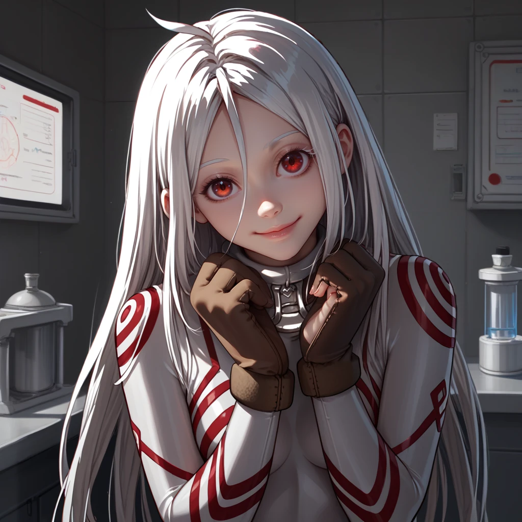 <lora:shiro:1>,1girl,solo,shiro \(deadman wonderland\),albino,white hair,cowlick,white eyebrows,colored eyelashes,red eyes,collar,white bodysuit,skin tight,brown mittens,
indoors,laboratory,
cowboy shot,standing,hands up,smile,closed mouth,head tilt,, score_9, score_8_up, score_7_up, perfect anatomy, source_anime,