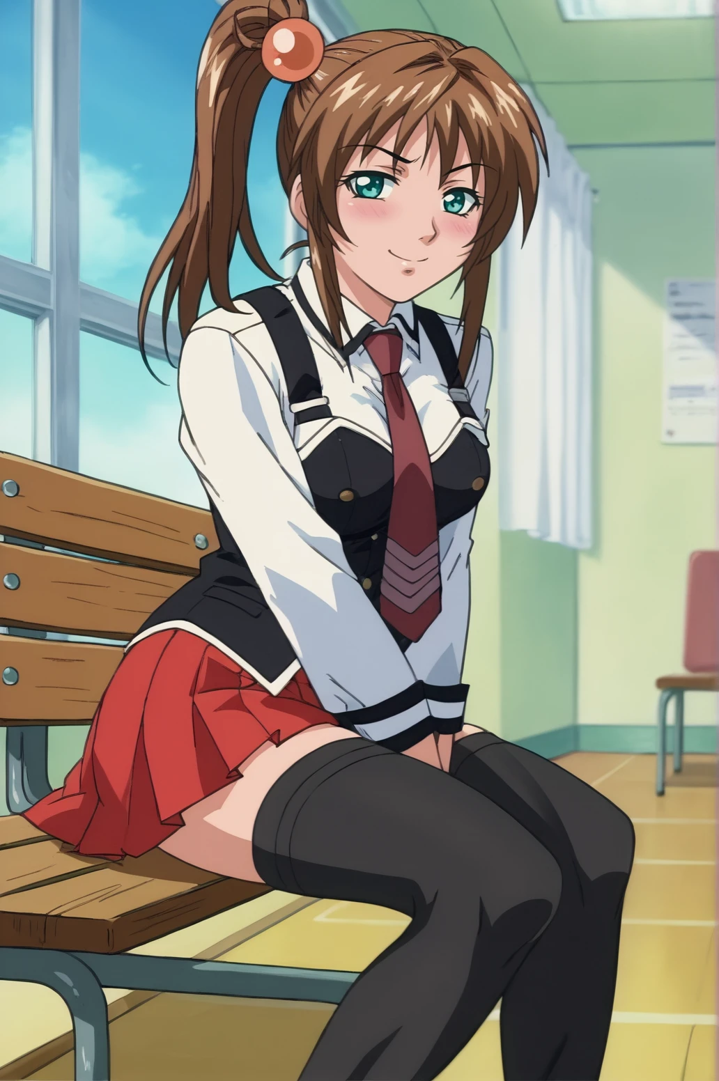 score_9, score_8_up, score_7_up,anime_source, source_anime, best background, detailed background, anime screencap,  Imari, 1girl, necktie, school uniform, red skirt, black thighhighs, solo, seductive body, horny, naughty face, blush, bench over, indoors, <lora:JN_Imari_Kurumi:0.8>