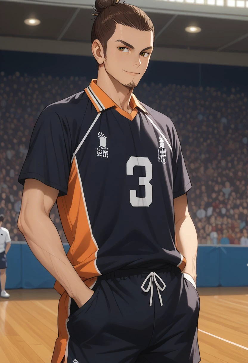 score_9, score_8_up, score_7_up, source_anime, rating_safe, Asaikyu, 1boy, male focus, anime screencap, man bun hair, black Karasuno shirt, black Karasuno shorts, hands in pocket, smile, standing-posing, cut off legs,