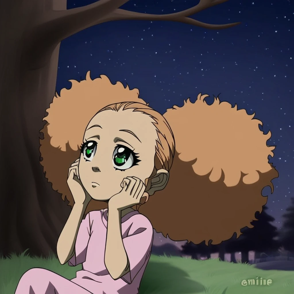 Jazmine, afro puffs, mixed skin, green eyes, cartoon, nice shading, looking up, on a hill, at night, starry sky, laying on a tree, eyes reflecting stars, sitting, solo